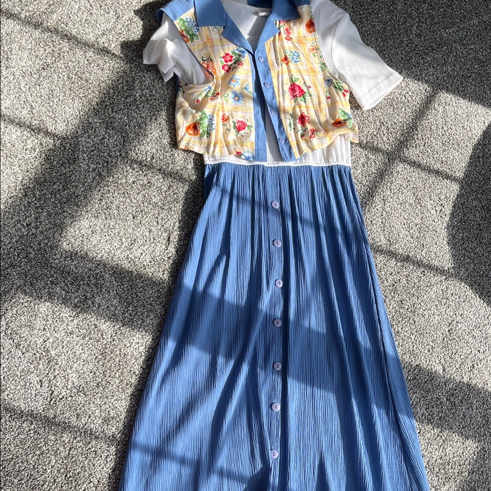 Blue Button-Front Maxi Dress with Yellow Floral Panel and Collar